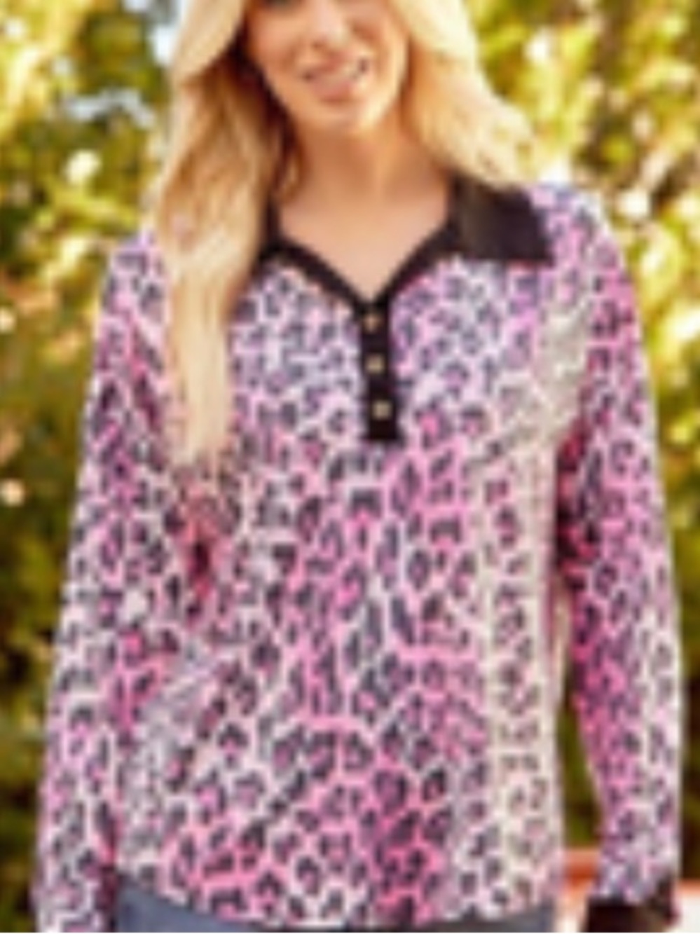 Sew In Love Pink and Black Leopard Print Long Sleeve Polo Blouse